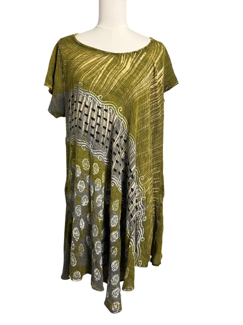Green Batik Swing Dress Womens Asymmetrical Hem Short Sleeve Travel Boho Casual